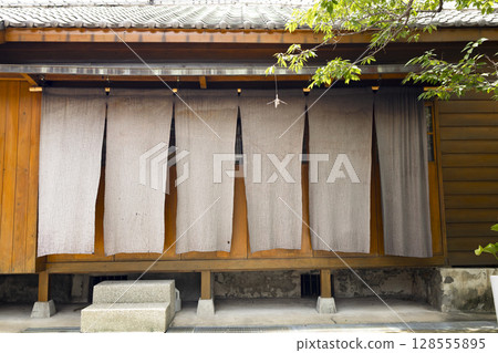 Traditional Japanese-style architecture: wooden gate and Japanese-style garden Traditional Japanese-style architecture: wooden gate and Japanese-style garden 128555895