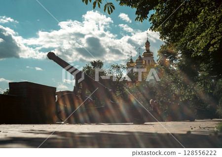 Once employed in combat, the old artillery now calmly observes a broad panorama of the surroundings. Once employed in combat, the old artillery now calmly observes a broad panorama of the surroundings. 128556222