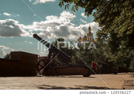 Once employed in combat, the old artillery now calmly observes a broad panorama of the surroundings. Once employed in combat, the old artillery now calmly observes a broad panorama of the surroundings. 128556227