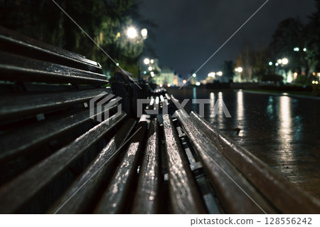 Empty Wet Park Benches at Night After Rain 128556242