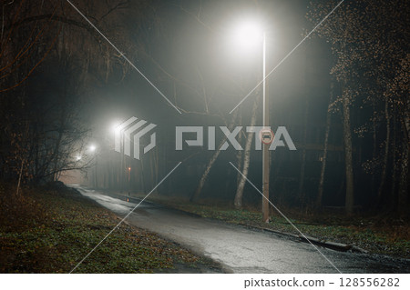 Quiet nighttime road scene with wet pavement reflecting streetlights under a dense fog. Quiet nighttime road scene with wet pavement reflecting streetlights under a dense fog. 128556282