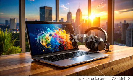 Digital Nomad Study Setup. Back to School concept. Generated image 128556460