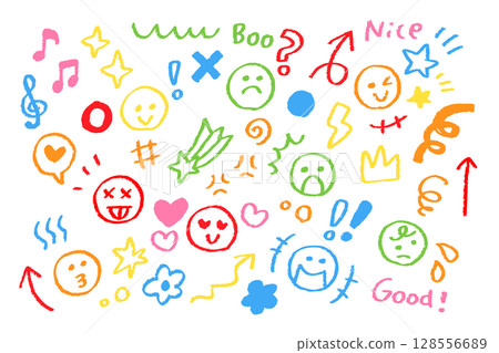 Colorful hand-drawn emotion icon set - crayon-drawn facial expressions and symbols 128556689