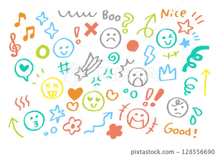 Colorful hand-drawn emotion icon set - crayon-drawn facial expressions and symbols 128556690