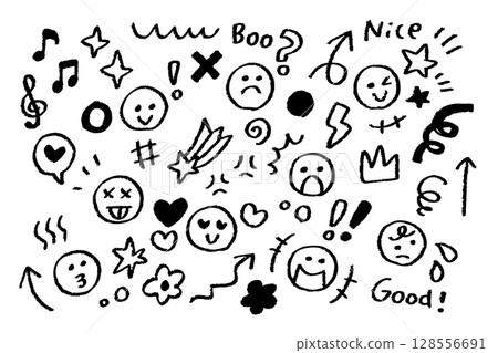 黑白手繪情緒圖示集-蠟筆畫的臉部表情和符號 128556691