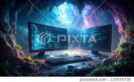 Computer Coding Workstation. Back to School concept. Generated image Computer Coding Workstation. Back to School concept. Generated image 128556736