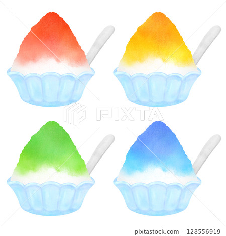 刨冰套裝插圖（草莓、檸檬、甜瓜、藍色夏威夷口味） 128556919