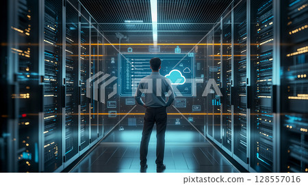 伺服器機房的視圖，工程師們正在管理未來的雲 128557016