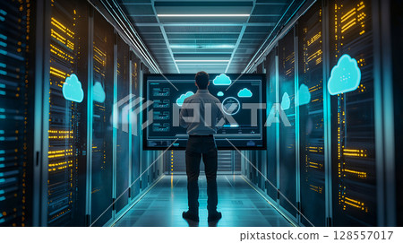 伺服器機房的視圖，工程師們正在管理未來的雲 128557017