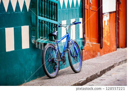 Bicycle at the beautiful streets of the colonial town of Concepcion in Antioquia, Colombia. 128557221