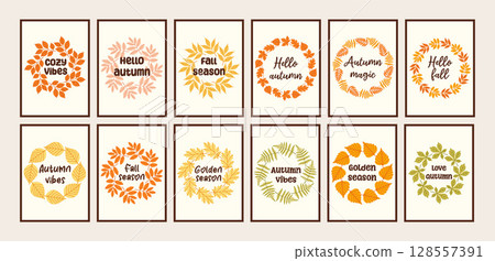 Autumn simple poster big set. Fall flyer doodle collection. Vectical banner autumn elements. Autumn interior design poster, end of season promo template. Vector illustration. 128557391