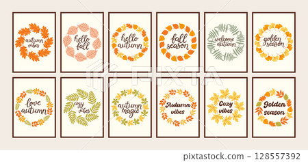 Autumn simple poster big set. Fall flyer doodle collection. Vectical banner autumn elements. Autumn interior design poster, end of season promo template. Vector illustration. 128557392