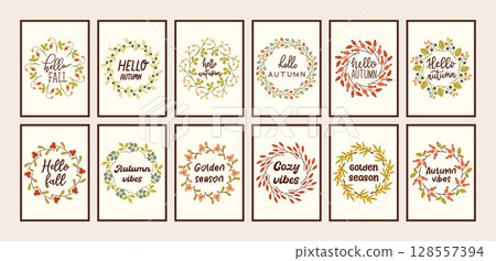 Autumn simple poster big set. Fall flyer doodle collection. Vectical banner autumn elements. Autumn interior design poster, end of season promo template. Vector illustration. Autumn simple poster big set. Fall flyer doodle collection. Vectical banner autumn elements. Autumn interior design poster, end of season promo template. Vector illustration. 128557394