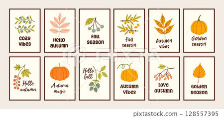 Autumn simple poster big set. Fall flyer doodle collection. Vectical banner autumn elements. Autumn interior design poster, end of season promo template. Vector illustration. 128557395