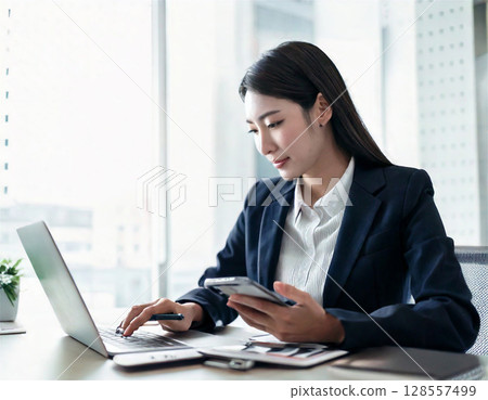 Woman working on smartphone and computer - Modern business scene of remote work, freelance and office work 128557499
