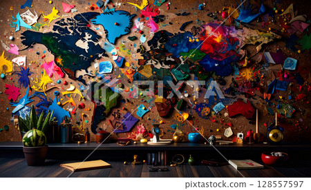 Geography Class Map Wall. Back to School concept. Generated image Geography Class Map Wall. Back to School concept. Generated image 128557597