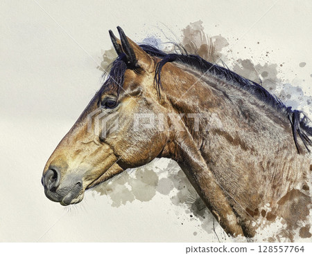 Watercolor art style, realistic horse profile illustration (chestnut, close-up of profile) 128557764