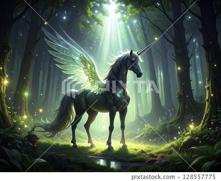奇幻插畫:一隻獨角獸飛馬站在夢幻般的森林中(翡翠翅膀、神秘、光明) 奇幻插畫:一隻獨角獸飛馬站在夢幻般的森林中(翡翠翅膀、神秘、光明) 128557775