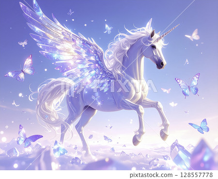 夢幻飛馬獨角獸與蝴蝶在藍天下翩翩起舞 | 水晶奇幻插畫 128557778