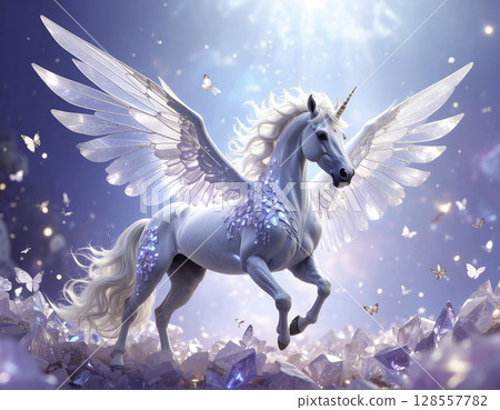 純白飛馬獨角獸與水晶在幻想世界中翩翩起舞 | 奇幻藝術插畫 128557782