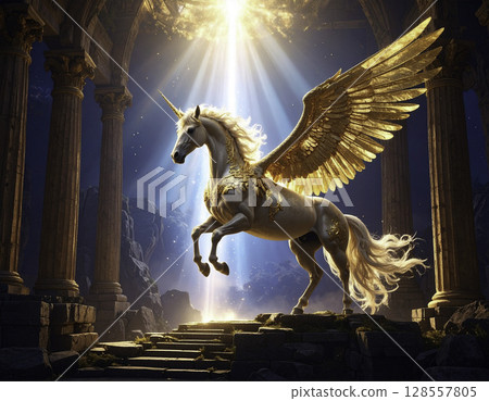 Golden-winged Pegasus unicorn and ancient temple surrounded by divine light 128557805