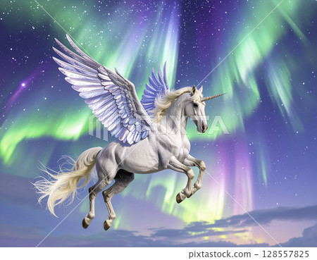 Unicorn Pegasus flying through the Aurora | Fantasy Art 128557825