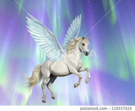 淡藍色翅膀的獨角獸飛馬與奧羅拉 | 奇幻插畫 128557828