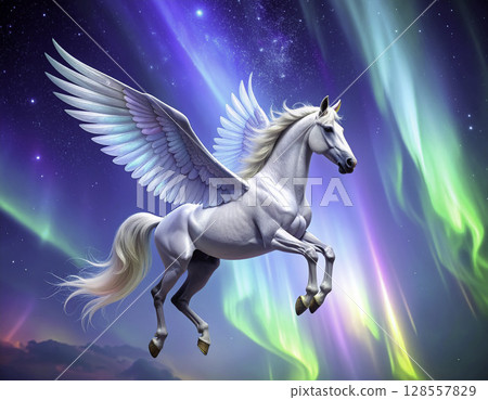 Pegasus flying in the aurora night sky | Fantasy illustration 128557829