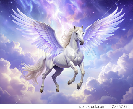 Fantasy Pegasus dancing with a sea of pastel clouds | Fantasy illustration 128557833