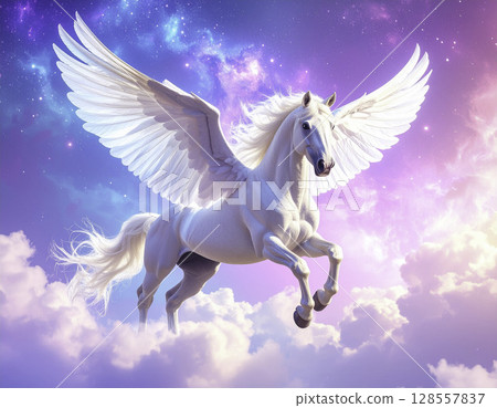 純白的飛馬在夢幻般的天空和雲彩中翩翩起舞 | 奇幻插畫 純白的飛馬在夢幻般的天空和雲彩中翩翩起舞 | 奇幻插畫 128557837