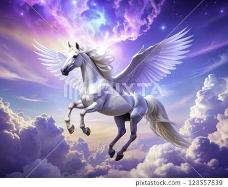 純白的飛馬在彩虹般的天空中翩翩起舞，雲海夢幻般 | 奇幻插畫 128557839