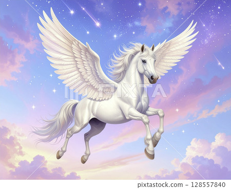 夢幻飛馬在流星的映襯下在蒼白的天空中翩翩起舞 | 童話般的奇幻插畫 128557840