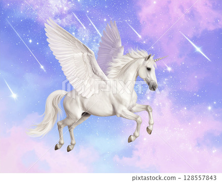 Shooting star and unicorn pegasus flying in a pastel sky | Fantasy illustration 128557843