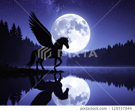 Silhouette illustration of Pegasus standing on a full moon night and a fantastic lake 128557844