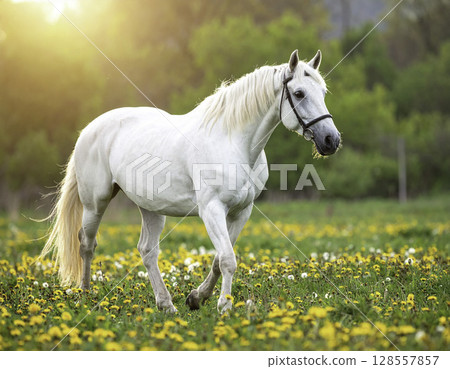 A white horse walking through a meadow of spring flowers and a soft sunset 128557857