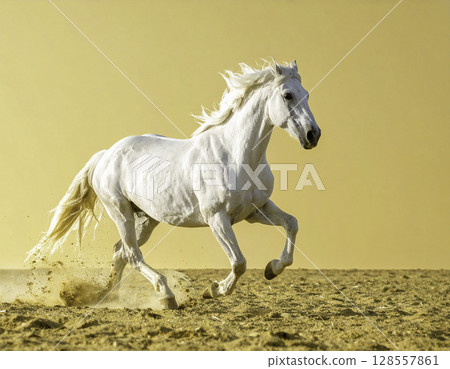 A powerful white horse galloping across the dry land, dust and sand A powerful white horse galloping across the dry land, dust and sand 128557861