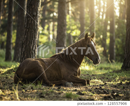 一匹栗色馬在夕陽下靜靜地坐在森林裡,這是一幅寧靜的自然景色 一匹栗色馬在夕陽下靜靜地坐在森林裡,這是一幅寧靜的自然景色 128557906