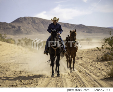 A cowboy and his horse walking through the wilderness, a powerful western landscape 128557944