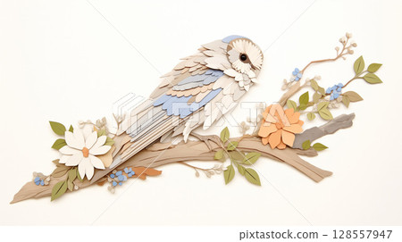 身穿羽毛的奇幻風格小貓頭鷹。木紋貓頭鷹 身穿羽毛的奇幻風格小貓頭鷹。木紋貓頭鷹 128557947