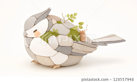 A fantasy-style little owl character wearing feathers. Wood grain owl 128557948