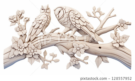 A fantasy-style little owl character wearing feathers. Wood grain owl A fantasy-style little owl character wearing feathers. Wood grain owl 128557952