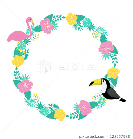Tropical circular frame with hibiscus, flamingo and toucan 128557988