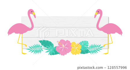 火烈鳥和芙蓉白色木框架 128557996