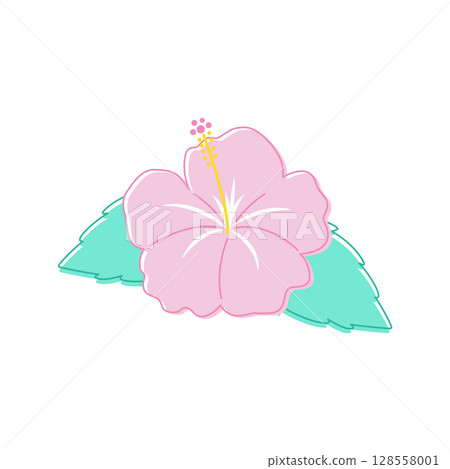 Pink hibiscus and leaves summer motif illustration material Pink hibiscus and leaves summer motif illustration material 128558001