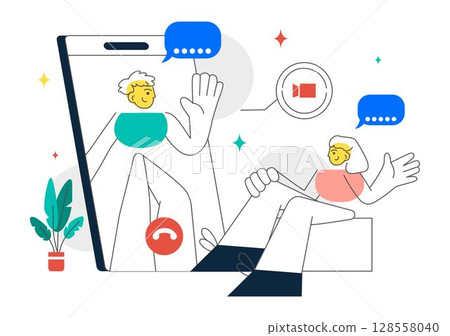 Conference Video Call via Remote Communication Vector Illustration Featuring Online Friends Using a Webcam While Working from Home in a Background 128558040
