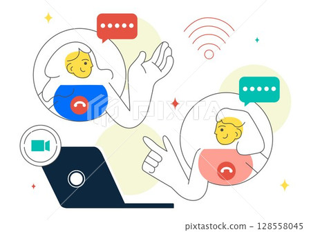 Conference Video Call via Remote Communication Vector Illustration Featuring Online Friends Using a Webcam While Working from Home in a Background 128558045
