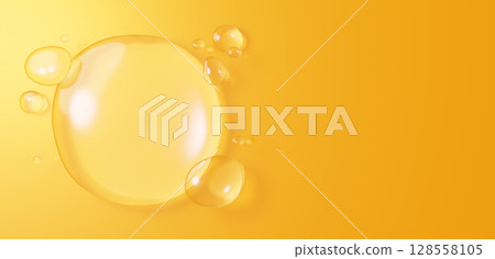 黃色背景上多滴水滴的背景資料。複製空間。 3D（水平） 128558105