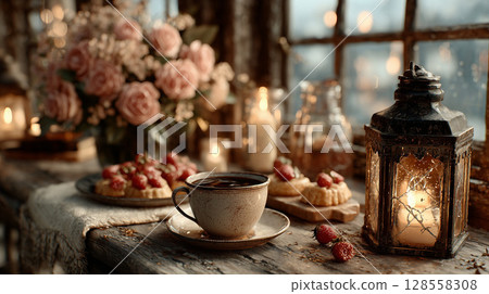 Enjoying a morning of strawberry danish and tea by an antique window 128558308