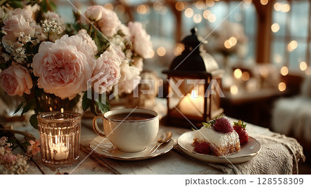 Enjoying a morning of strawberry danish and tea by an antique window 128558309