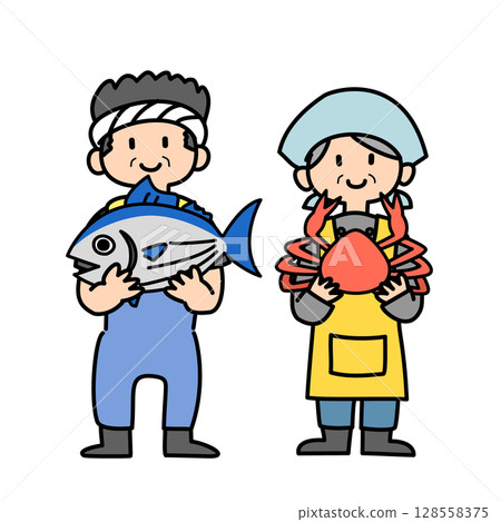 漁民/魚販持有海鮮產品的向量插圖 128558375